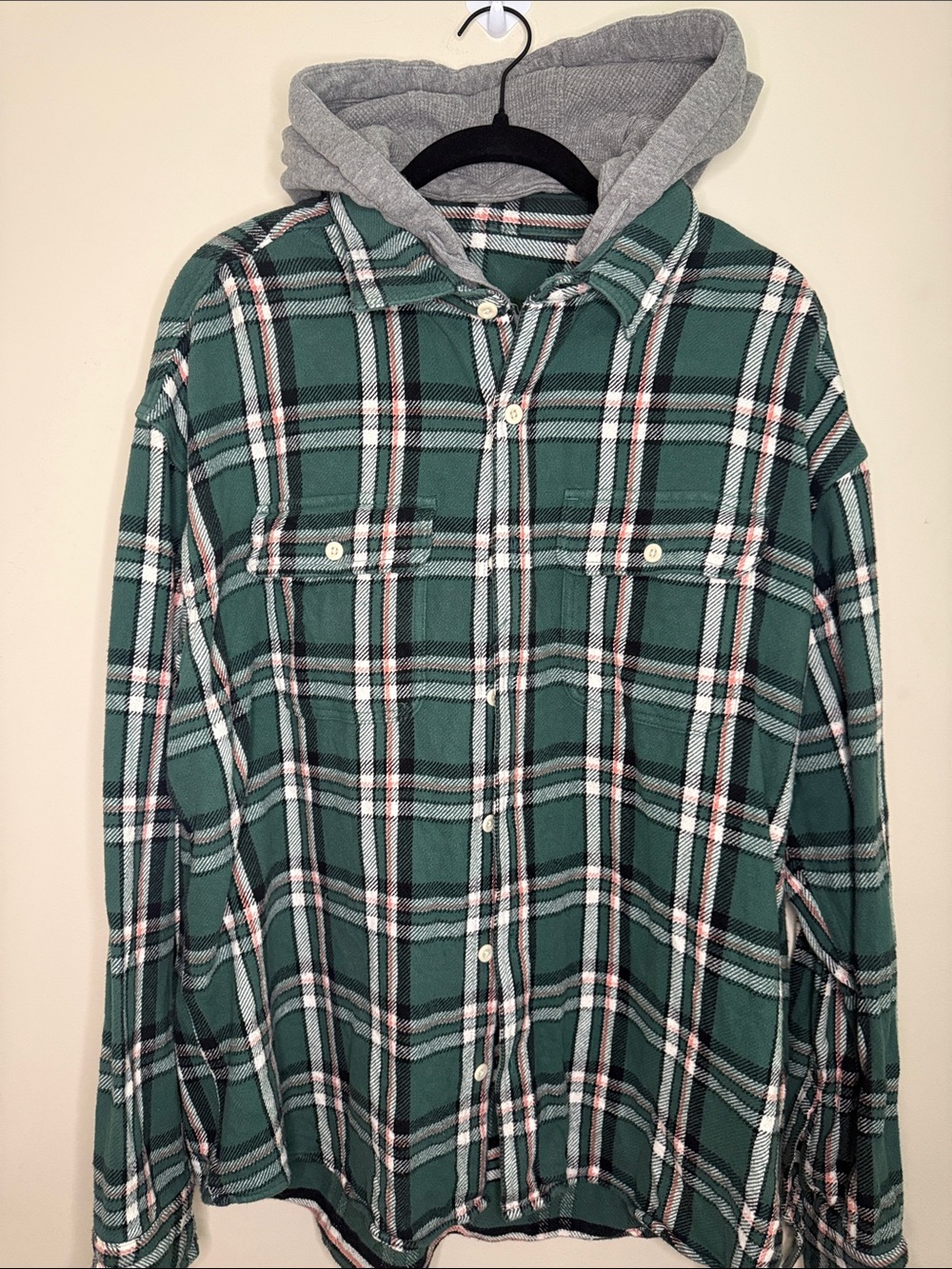 American Eagle Outfitters Green Plaid Button-Down Shirt with Grey Hood